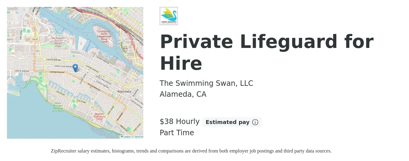 The Swimming Swan, LLC job posting for a Private Lifeguard for Hire in Alameda, CA with a salary of $40 Hourly with a map of Alameda location.