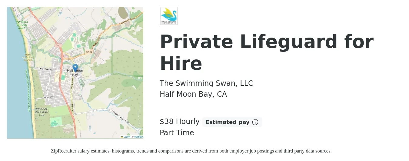The Swimming Swan, LLC job posting for a Private Lifeguard for Hire in Half Moon Bay, CA with a salary of $40 Hourly with a map of Half Moon Bay location.