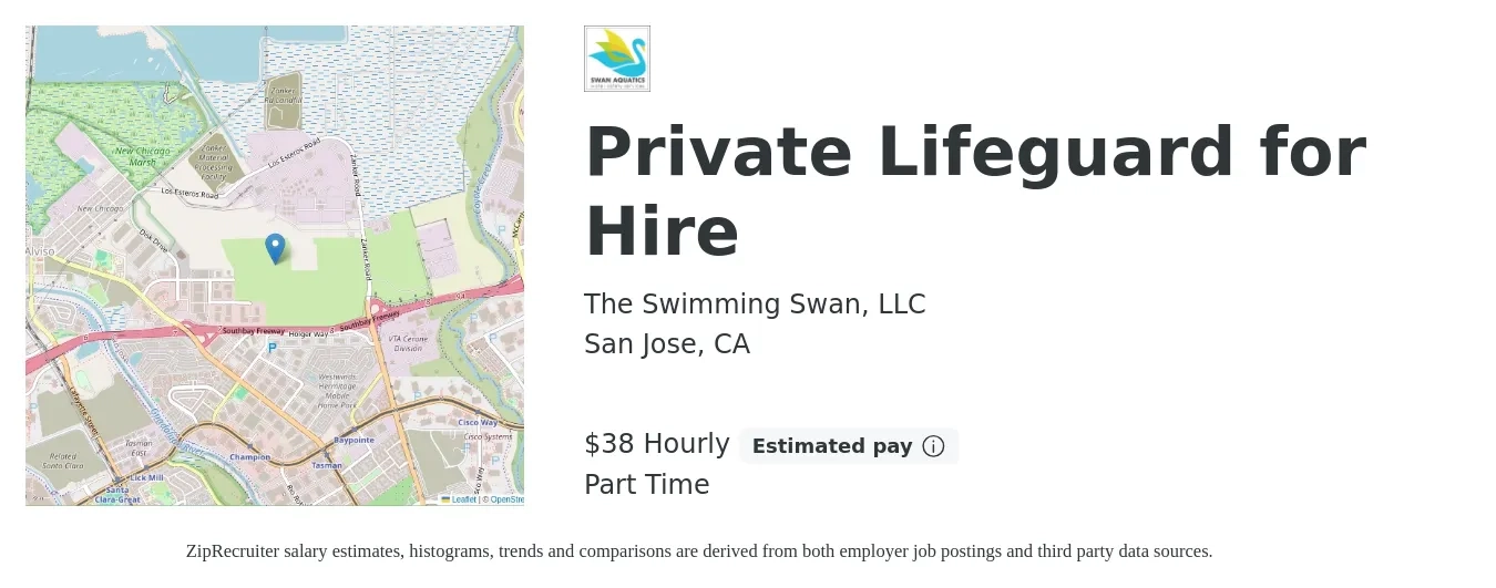 The Swimming Swan, LLC job posting for a Private Lifeguard for Hire in San Jose, CA with a salary of $40 Hourly with a map of San Jose location.