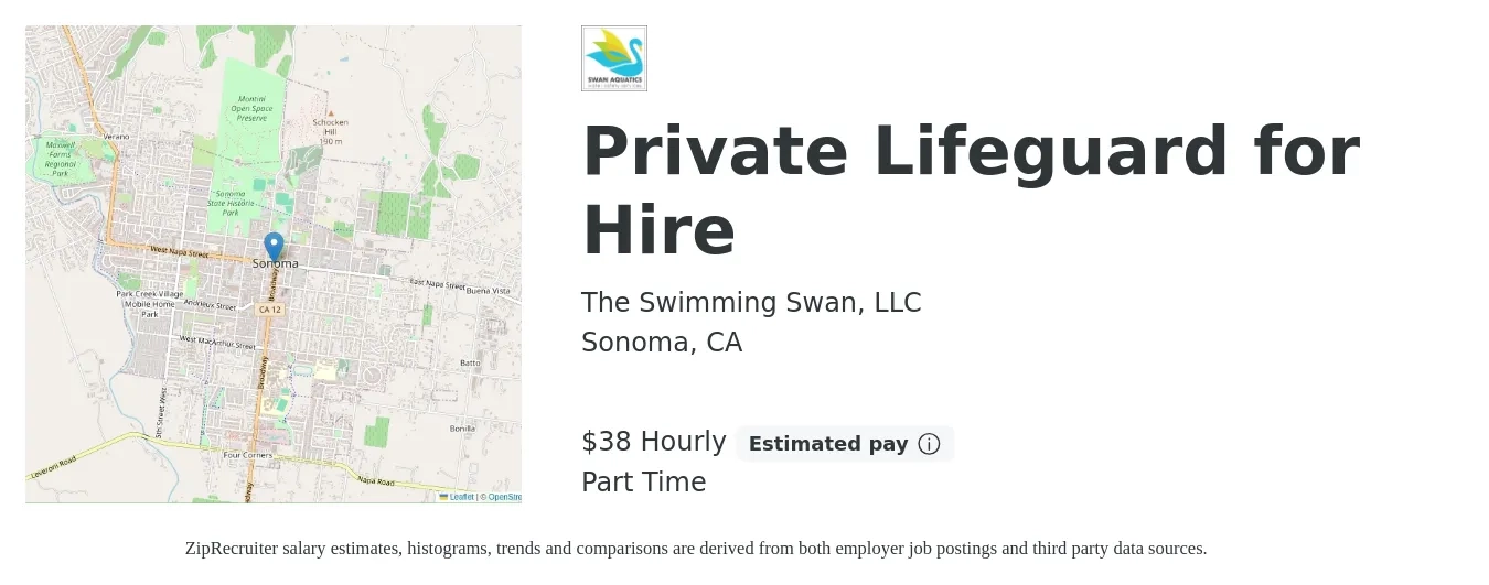 The Swimming Swan, LLC job posting for a Private Lifeguard for Hire in Sonoma, CA with a salary of $40 Hourly with a map of Sonoma location.