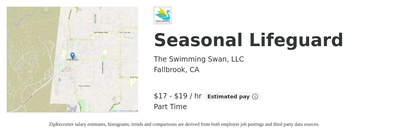 The Swimming Swan, LLC job posting for a Seasonal Lifeguard in Fallbrook, CA with a salary of $18 to $20 Hourly with a map of Fallbrook location.