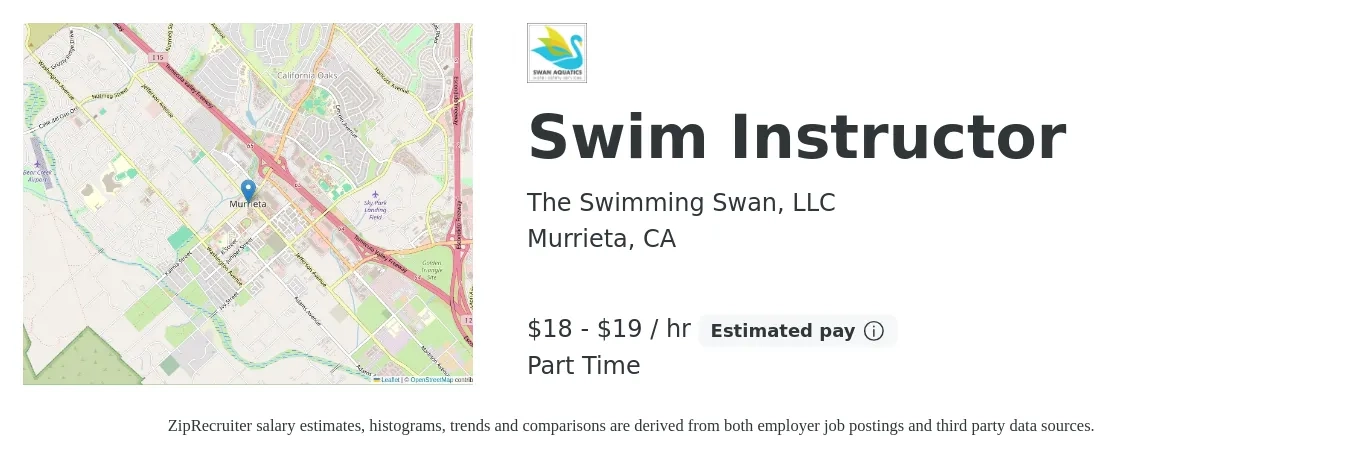 The Swimming Swan, LLC job posting for a Swim Instructor in Murrieta, CA with a salary of $20 to $20 Hourly with a map of Murrieta location.