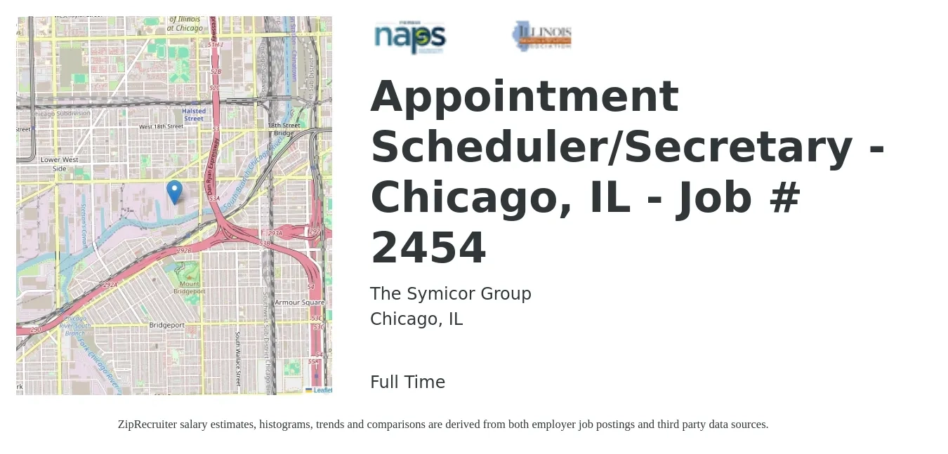 The Symicor Group job posting for a Appointment Scheduler/Secretary - Chicago, IL - Job # 2454 in Chicago, IL with a salary of $17 to $22 Hourly with a map of Chicago location.
