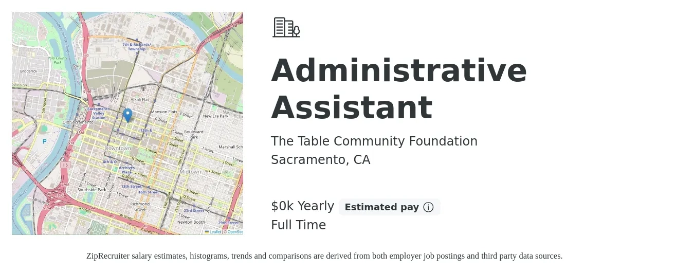 The Table Community Foundation job posting for a Administrative Assistant in Sacramento, CA with a salary of $22 to $24 Yearly with a map of Sacramento location.