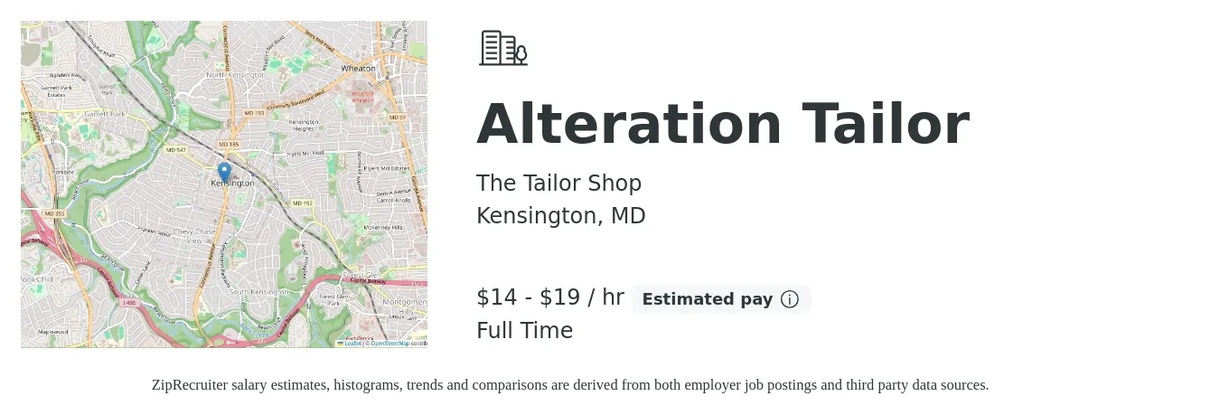 The Tailor Shop job posting for a Alteration Tailor in Kensington, MD with a salary of $15 to $20 Hourly with a map of Kensington location.