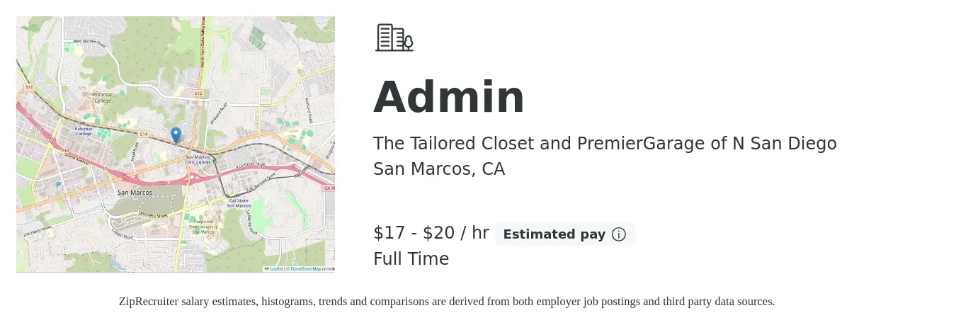 The Tailored Closet and PremierGarage of N San Diego job posting for a Admin in San Marcos, CA with a salary of $18 to $21 Hourly with a map of San Marcos location.