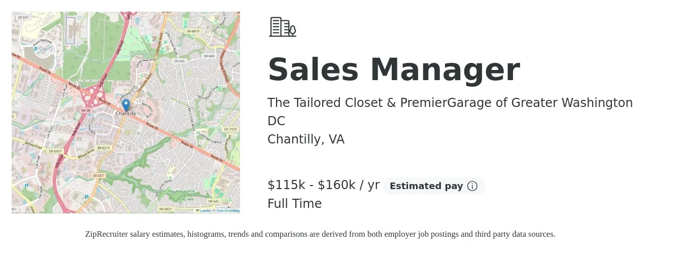 The Tailored Closet & PremierGarage of Greater Washington DC job posting for a Sales Manager in Chantilly, VA with a salary of $100,000 to $150,000 Yearly with a map of Chantilly location.