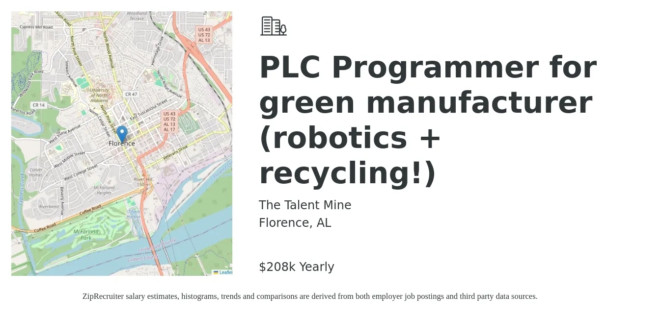The Talent Mine job posting for a PLC Programmer for green manufacturer (robotics + recycling!) in Florence, AL with a salary of $208,000 Yearly with a map of Florence location.