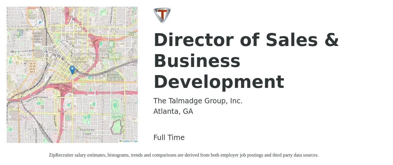 The Talmadge Group, Inc. job posting for a Director of Sales & Business Development in Atlanta, GA with a salary of $84,600 to $142,300 Yearly with a map of Atlanta location.