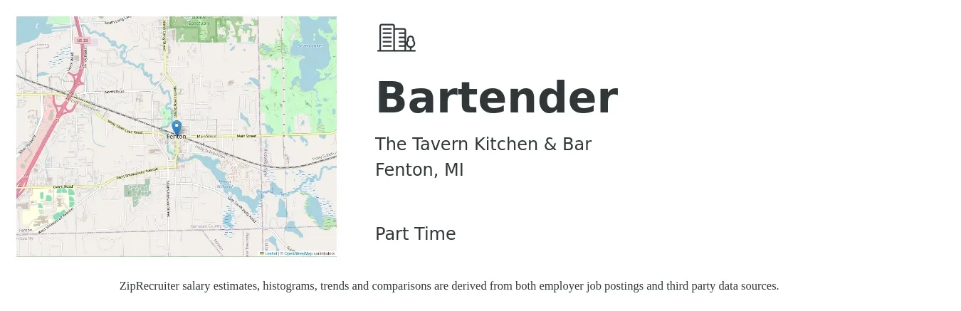 The Tavern Kitchen & Bar job posting for a Bartender in Fenton, MI with a salary of $100 to $500 Daily with a map of Fenton location.
