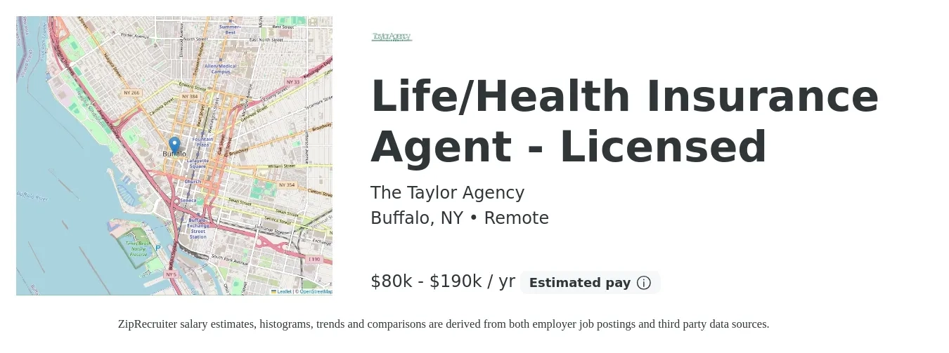 The Taylor Agency job posting for a Life/Health Insurance Agent - Licensed in Buffalo, NY with a salary of $80,000 to $190,000 Yearly with a map of Buffalo location.