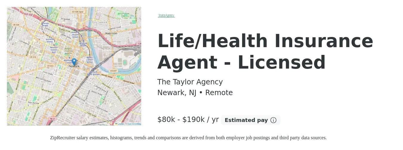 The Taylor Agency job posting for a Life/Health Insurance Agent - Licensed in Newark, NJ with a salary of $80,000 to $190,000 Yearly with a map of Newark location.