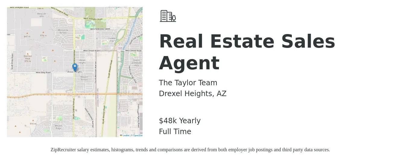 The Taylor Team job posting for a Real Estate Sales Agent in Drexel Heights, AZ with a salary of $48,227 Yearly with a map of Drexel Heights location.