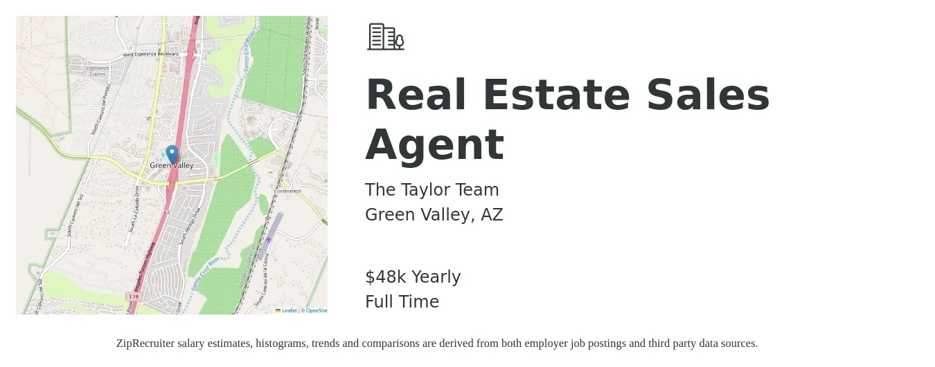 The Taylor Team job posting for a Real Estate Sales Agent in Green Valley, AZ with a salary of $48,227 Yearly with a map of Green Valley location.
