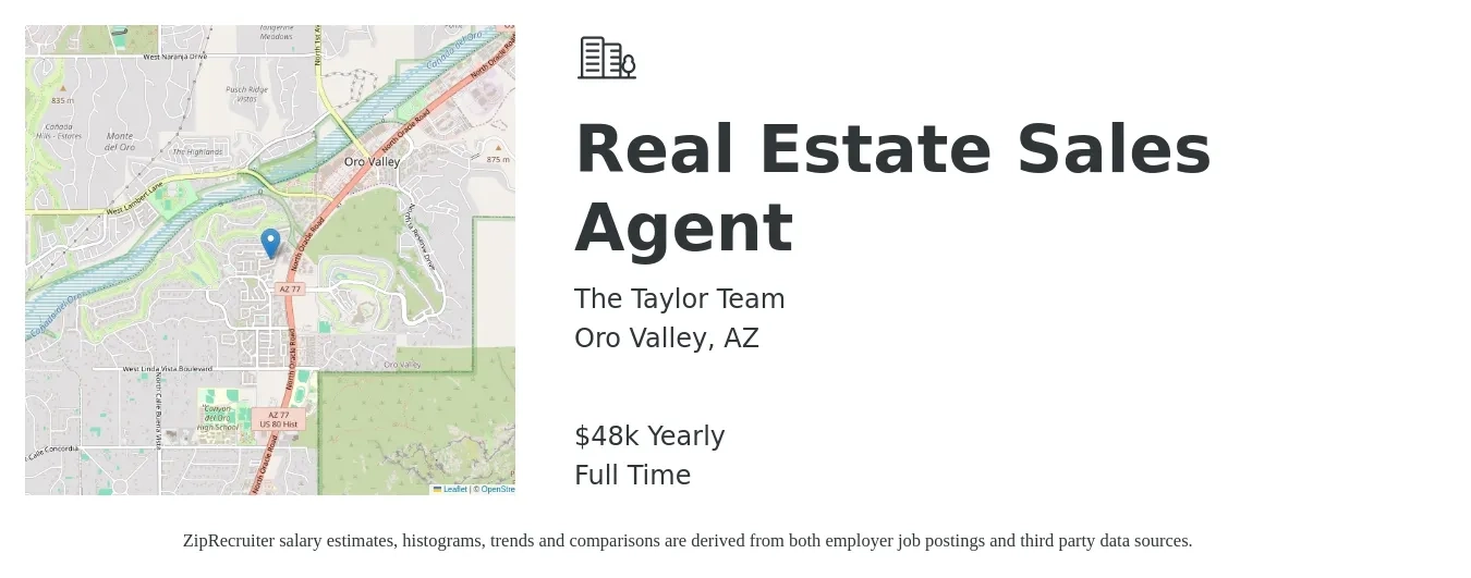 The Taylor Team job posting for a Real Estate Sales Agent in Oro Valley, AZ with a salary of $48,227 Yearly with a map of Oro Valley location.