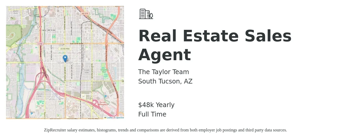 The Taylor Team job posting for a Real Estate Sales Agent in South Tucson, AZ with a salary of $48,227 Yearly with a map of South Tucson location.
