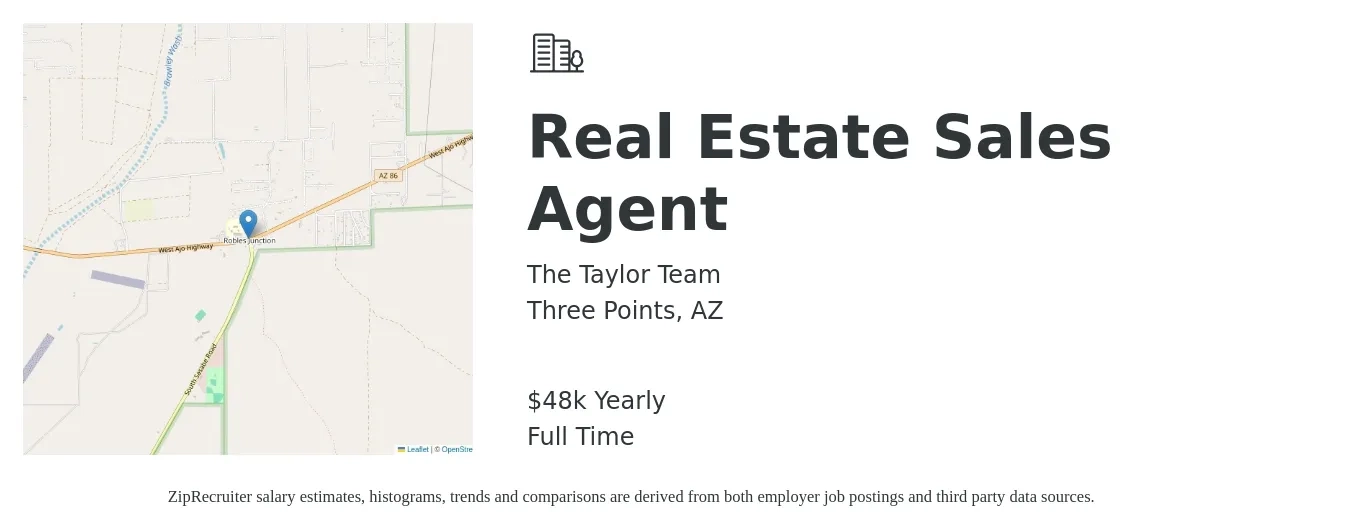 The Taylor Team job posting for a Real Estate Sales Agent in Three Points, AZ with a salary of $48,227 Yearly with a map of Three Points location.
