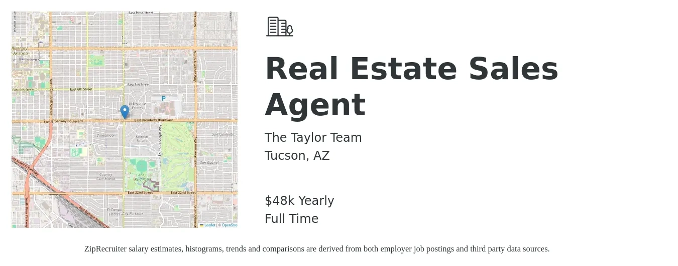 The Taylor Team job posting for a Real Estate Sales Agent in Tucson, AZ with a salary of $48,227 Yearly with a map of Tucson location.