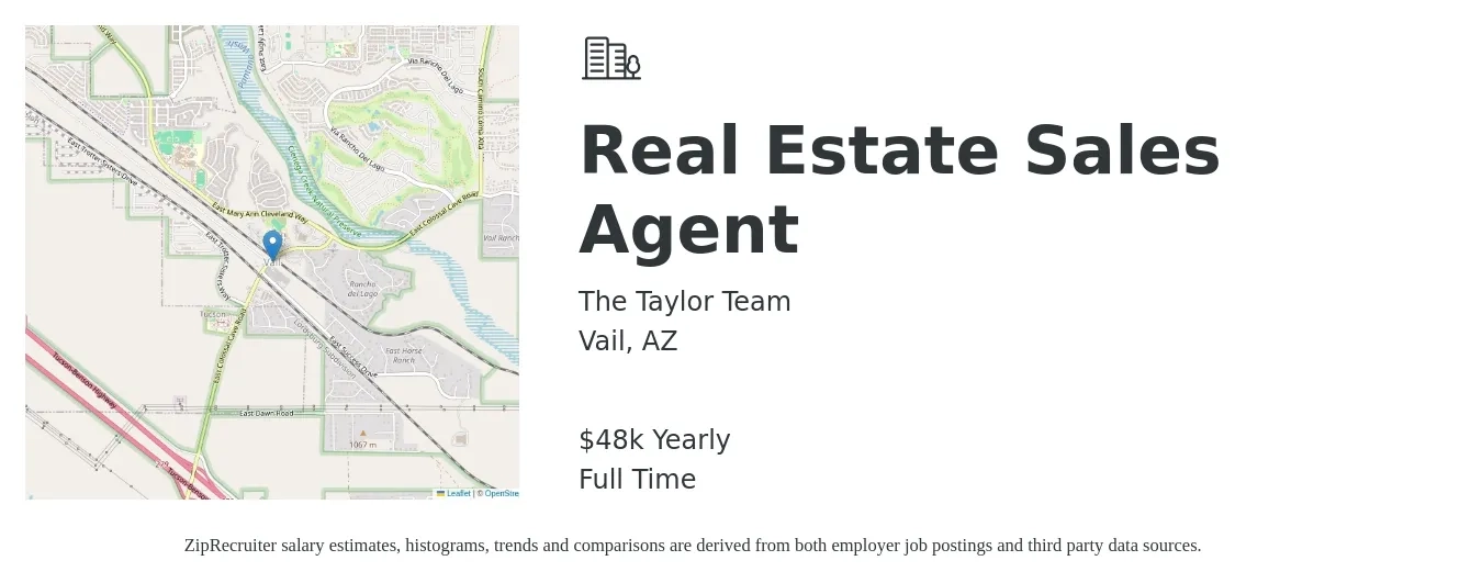 The Taylor Team job posting for a Real Estate Sales Agent in Vail, AZ with a salary of $48,227 Yearly with a map of Vail location.