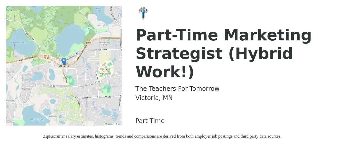 The Teachers For Tomorrow job posting for a Part-Time Marketing Strategist (Hybrid Work!) in Victoria, MN with a salary of $30,000 to $35,000 Yearly with a map of Victoria location.