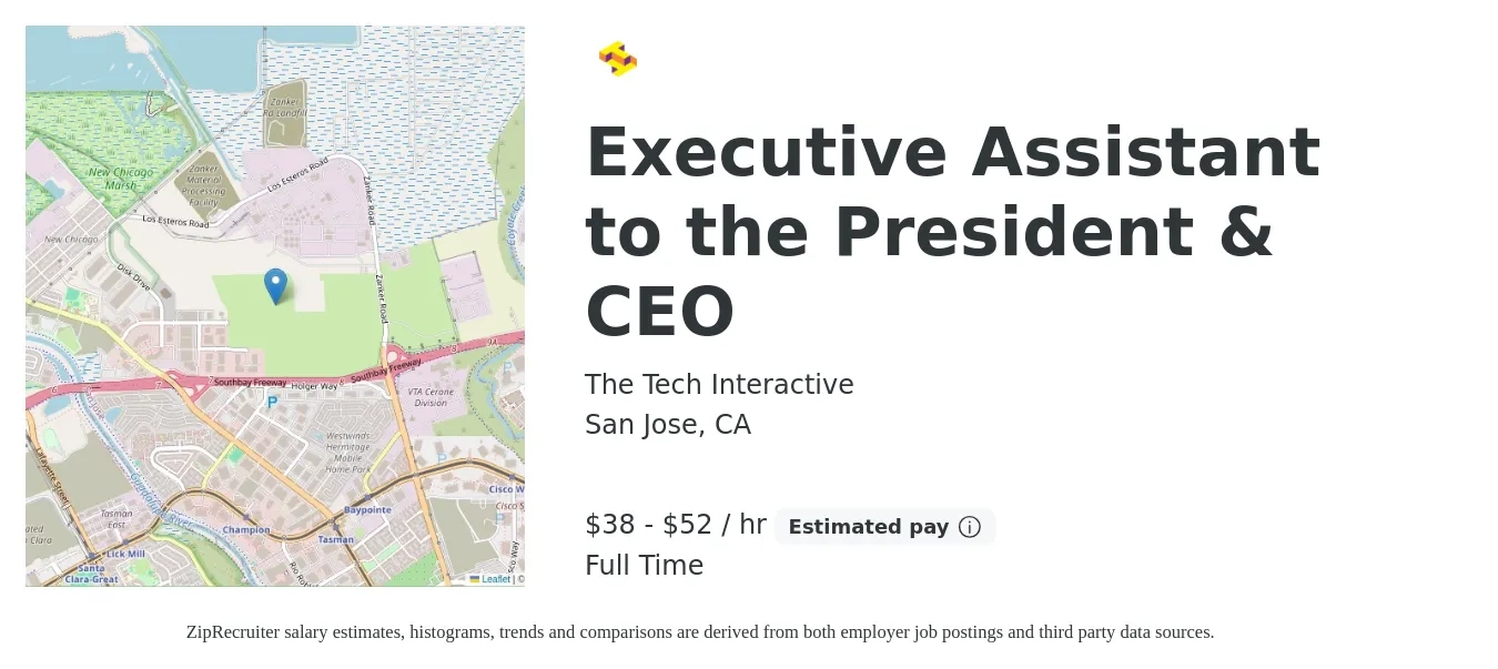 The Tech Interactive job posting for a Executive Assistant to the President & CEO in San Jose, CA with a salary of $40 to $55 Hourly with a map of San Jose location.