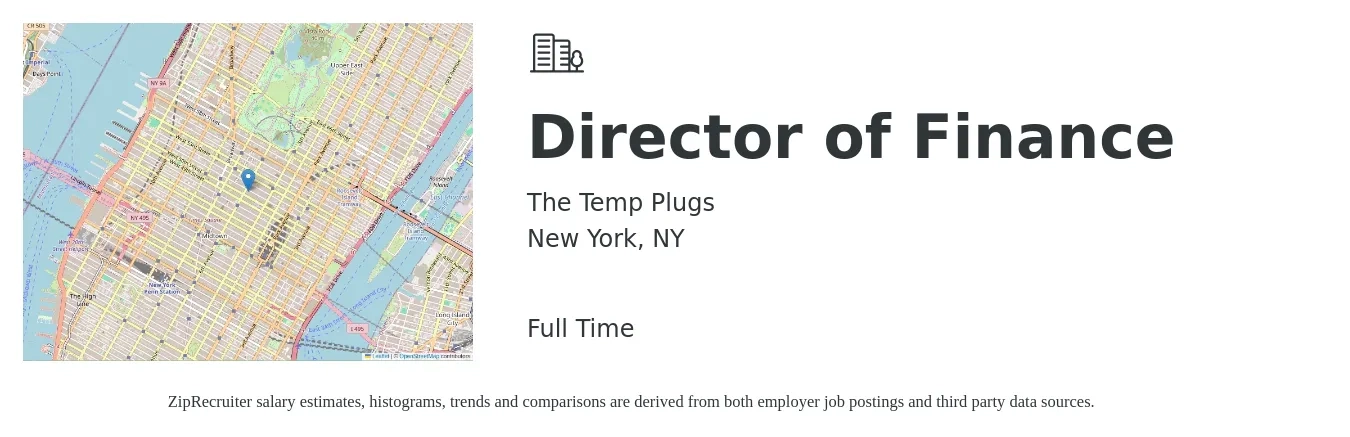 The Temp Plugs job posting for a Director of Finance in New York, NY with a salary of $110,000 to $167,400 Yearly with a map of New York location.