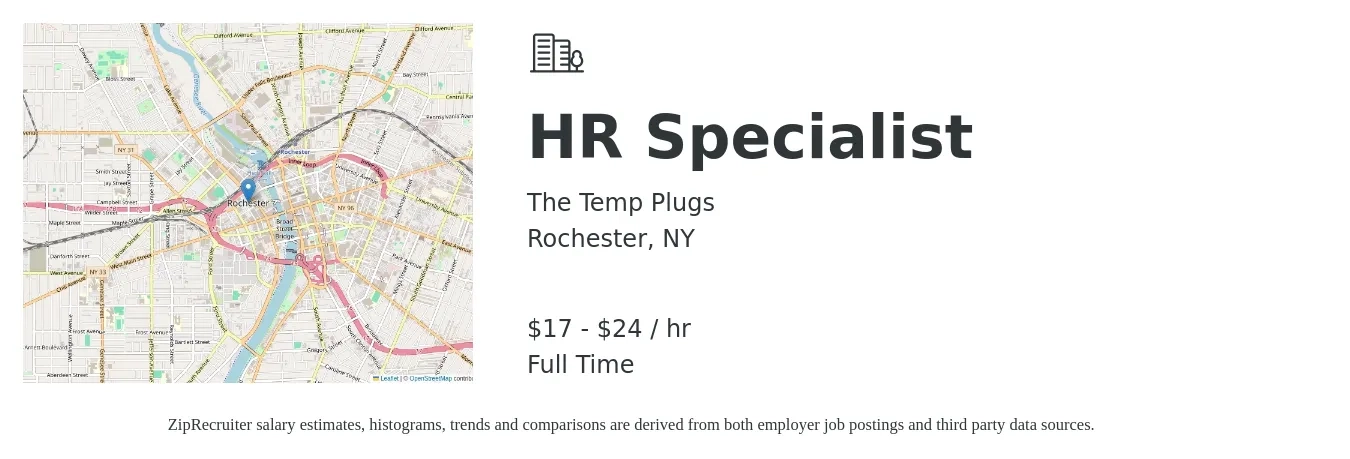 The Temp Plugs job posting for a HR Specialist in Rochester, NY with a salary of $18 to $25 Hourly with a map of Rochester location.