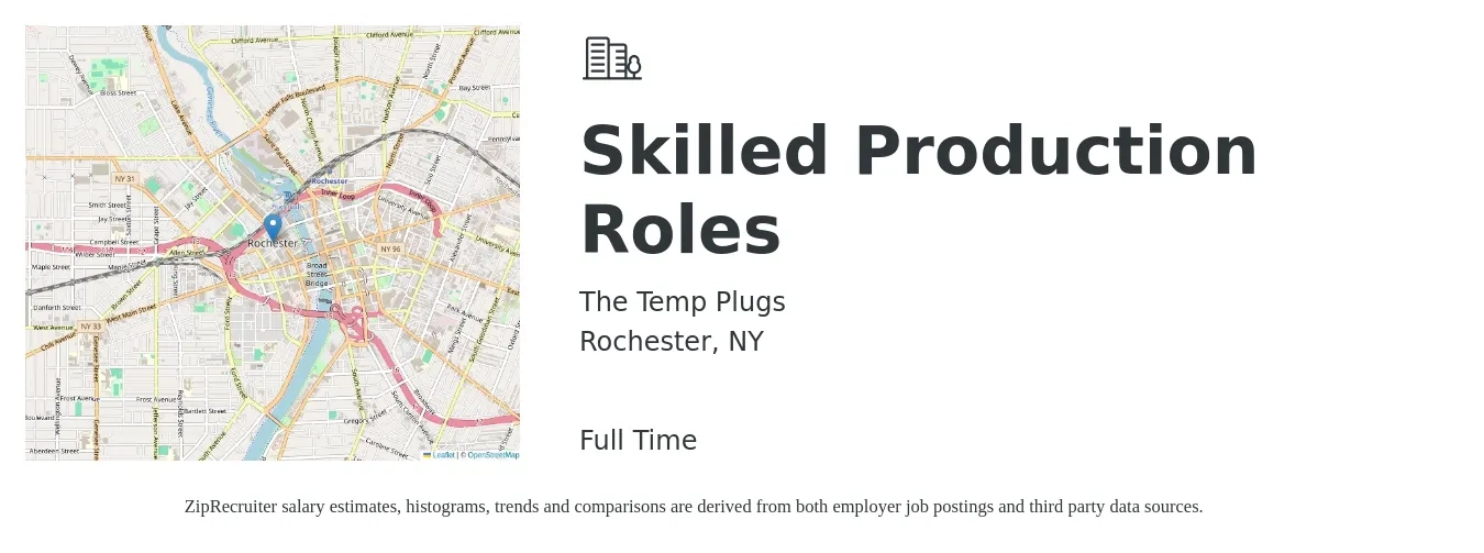 The Temp Plugs job posting for a Skilled Production Roles in Rochester, NY with a salary of $16 to $20 Hourly with a map of Rochester location.