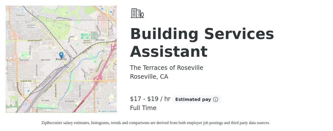 The Terraces of Roseville job posting for a Building Services Assistant in Roseville, CA with a salary of $18 to $20 Hourly with a map of Roseville location.