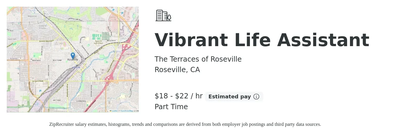 The Terraces of Roseville job posting for a Vibrant Life Assistant in Roseville, CA with a salary of $19 to $23 Hourly with a map of Roseville location.