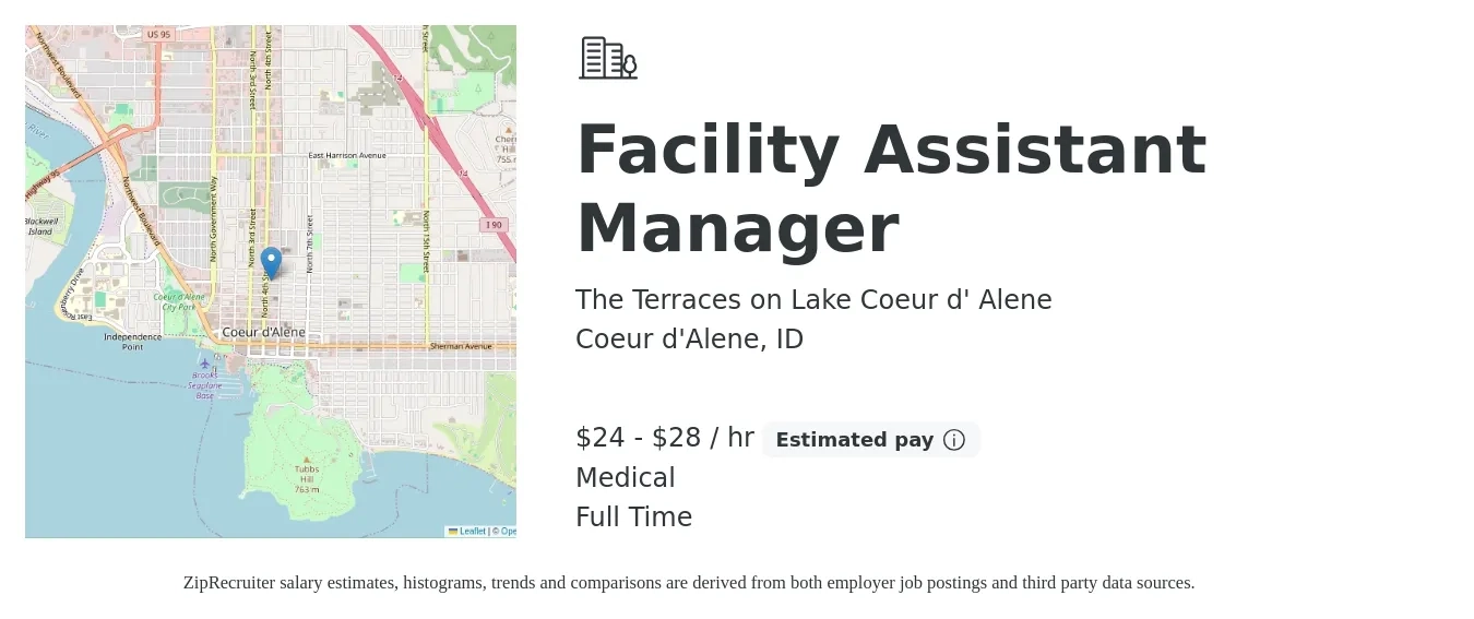 The Terraces on Lake Coeur d' Alene job posting for a Facility Assistant Manager in Coeur d'Alene, ID with a salary of $25 to $30 Hourly and benefits including dental, medical, and pto with a map of Coeur d'Alene location.