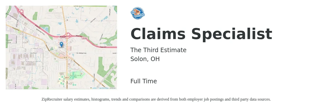 The Third Estimate job posting for a Claims Specialist in Solon, OH with a salary of $50,000 to $60,000 Yearly with a map of Solon location.