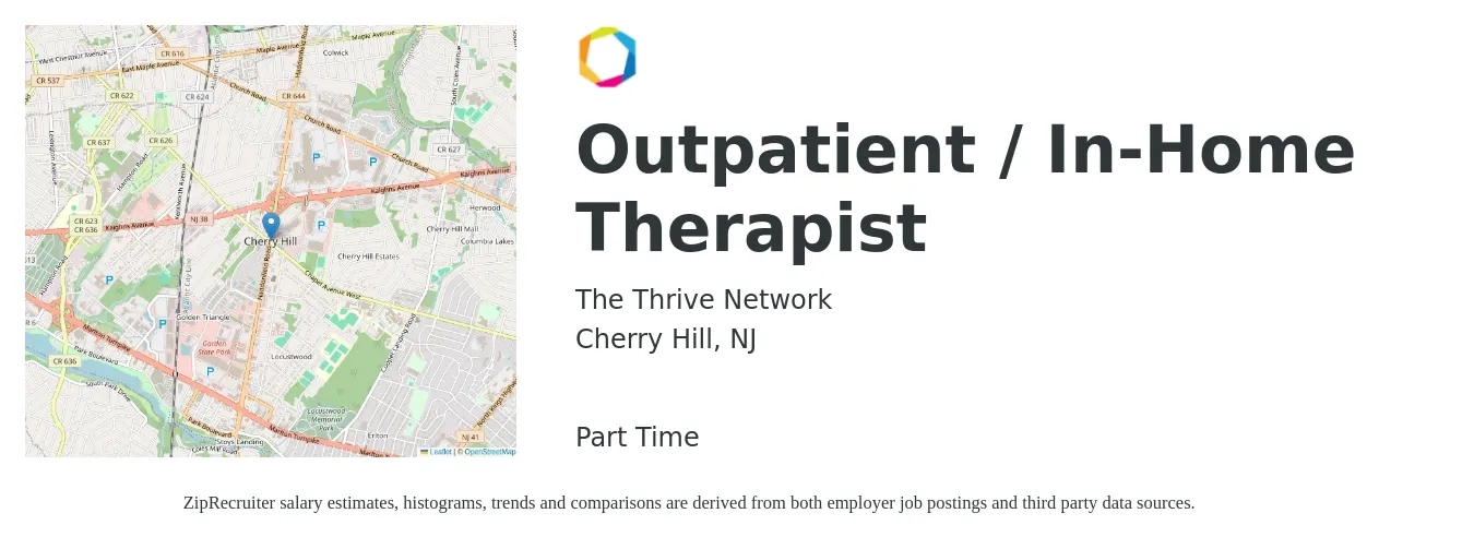The Thrive Network job posting for a Outpatient / In-Home Therapist in Cherry Hill, NJ with a salary of $50,100 to $69,400 Yearly with a map of Cherry Hill location.