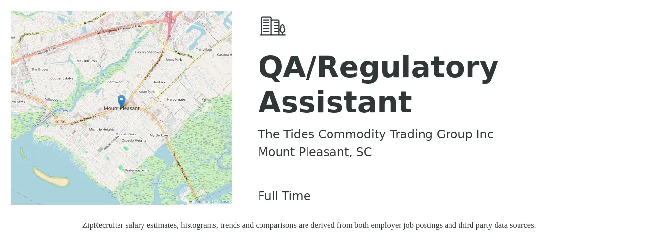 The Tides Commodity Trading Group Inc job posting for a QA/Regulatory Assistant in Mount Pleasant, SC with a salary of $19 to $24 Hourly with a map of Mount Pleasant location.