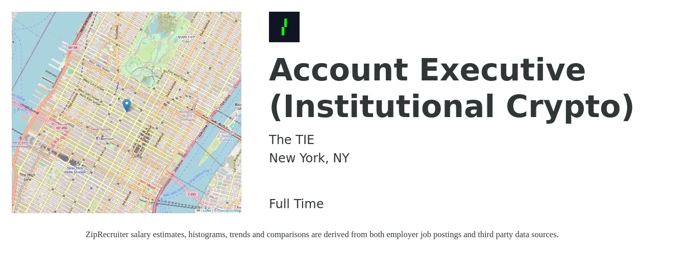 The TIE job posting for a Account Executive (Institutional Crypto) in New York, NY with a salary of $59,100 to $103,900 Yearly with a map of New York location.