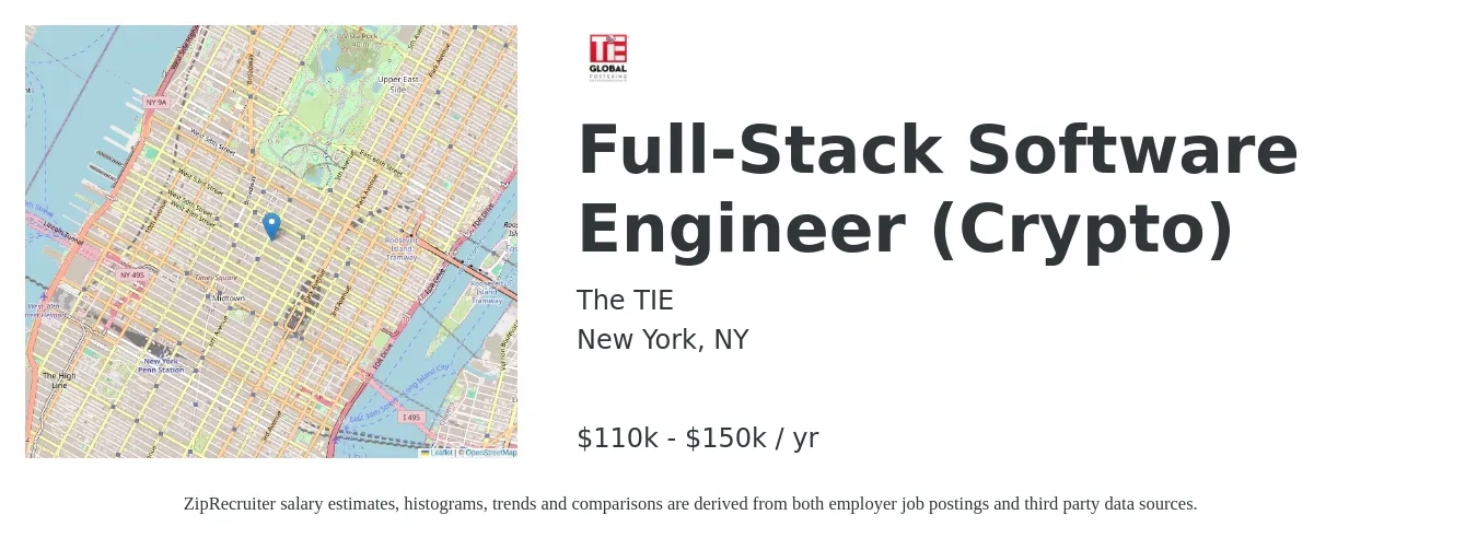 The TIE job posting for a Full-Stack Software Engineer (Crypto) in New York, NY with a salary of $110,000 to $150,000 Yearly with a map of New York location.