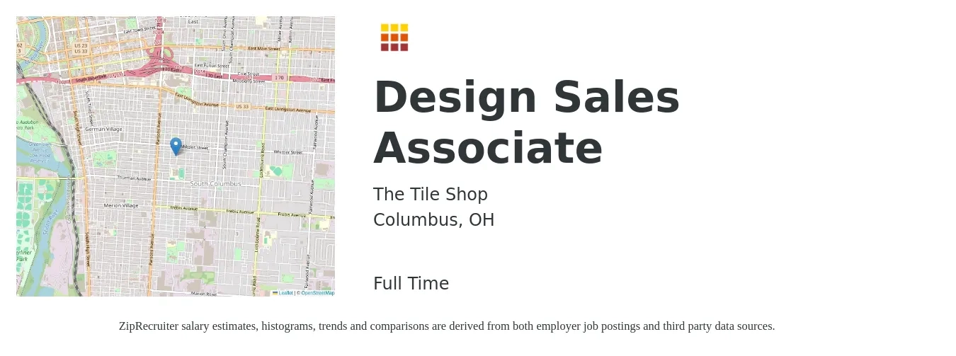 The Tile Shop job posting for a Design Sales Associate in Columbus, OH with a salary of $13 to $18 Hourly with a map of Columbus location.