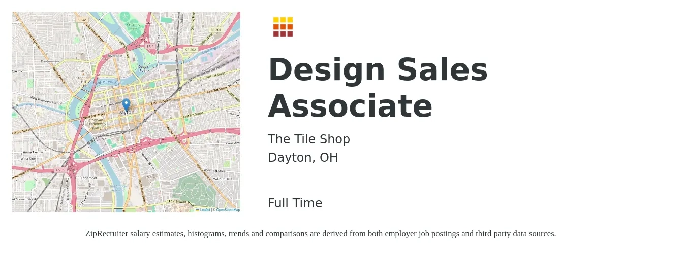 The Tile Shop job posting for a Design Sales Associate in Dayton, OH with a salary of $14 to $18 Hourly with a map of Dayton location.