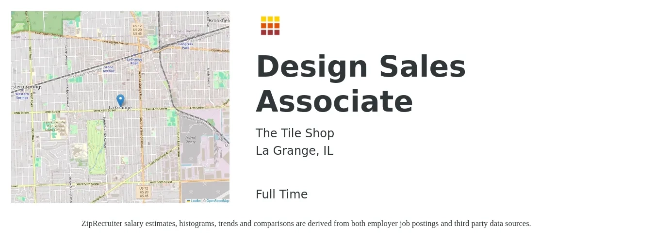 The Tile Shop job posting for a Design Sales Associate in La Grange, IL with a salary of $14 to $18 Hourly with a map of La Grange location.