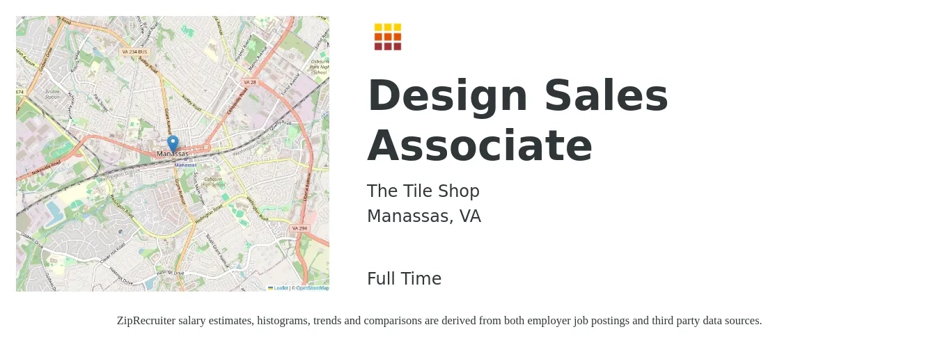 The Tile Shop job posting for a Design Sales Associate in Manassas, VA with a salary of $13 to $18 Hourly with a map of Manassas location.