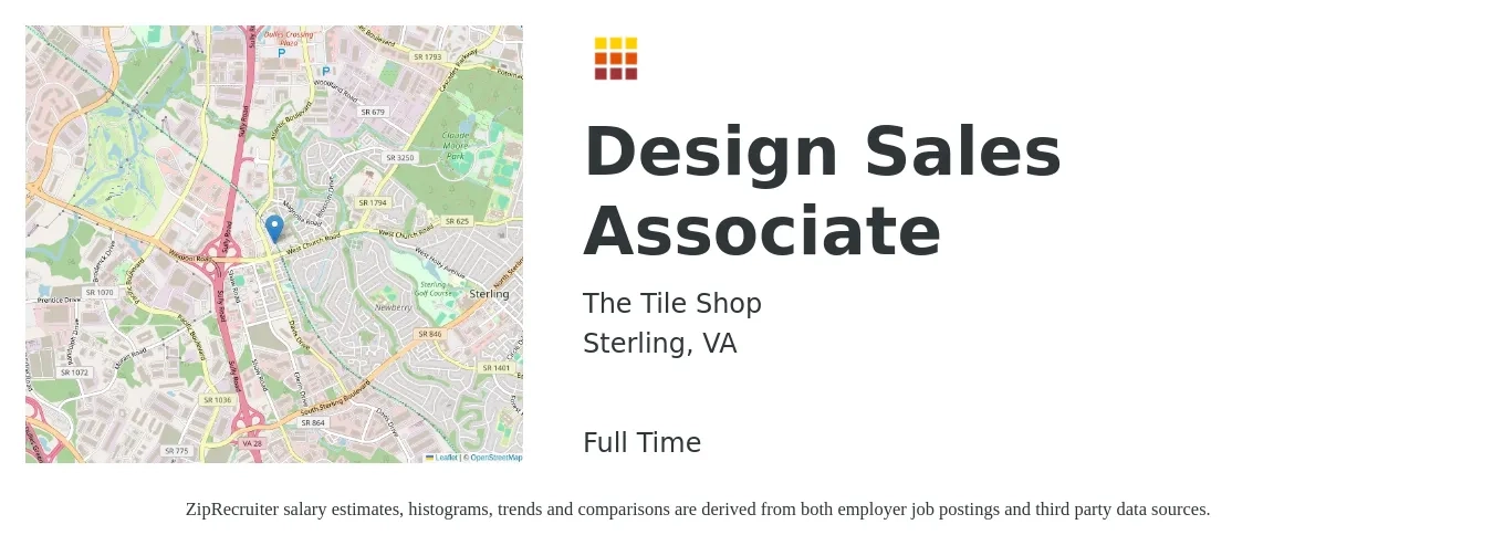 The Tile Shop job posting for a Design Sales Associate in Sterling, VA with a salary of $14 to $19 Hourly with a map of Sterling location.