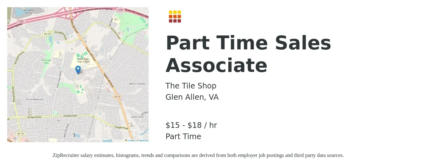 The Tile Shop job posting for a Part Time Sales Associate in Glen Allen, VA with a salary of $16 to $19 Hourly with a map of Glen Allen location.
