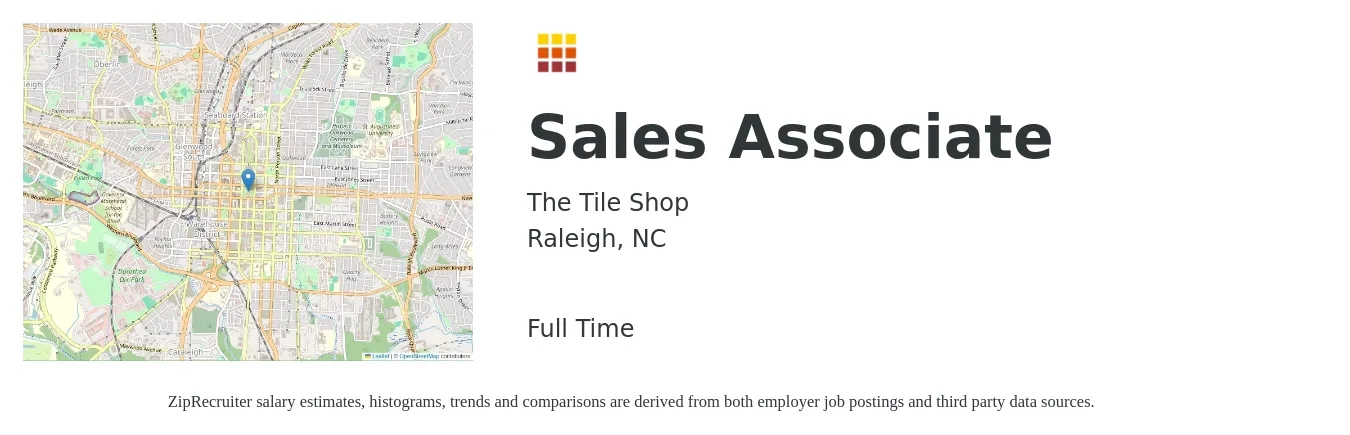 The Tile Shop job posting for a Sales Associate in Raleigh, NC with a salary of $14 to $18 Hourly with a map of Raleigh location.
