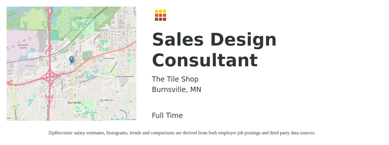 The Tile Shop job posting for a Sales Design Consultant in Burnsville, MN with a salary of $46,900 to $119,000 Yearly with a map of Burnsville location.