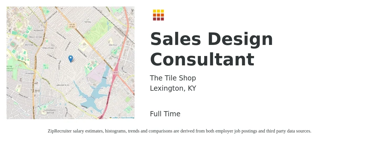 The Tile Shop job posting for a Sales Design Consultant in Lexington, KY with a salary of $38,600 to $97,900 Yearly with a map of Lexington location.