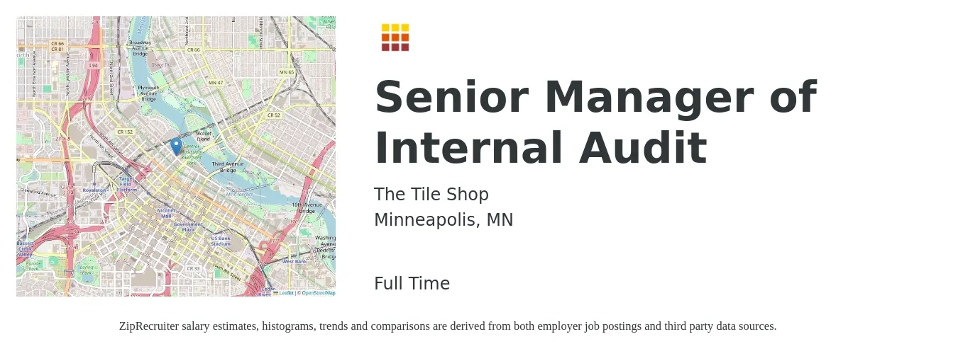 The Tile Shop job posting for a Senior Manager of Internal Audit in Minneapolis, MN with a salary of $94,000 to $128,900 Yearly with a map of Minneapolis location.