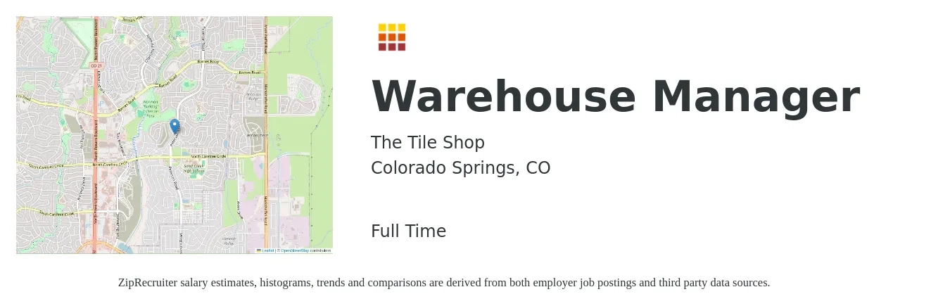 The Tile Shop job posting for a Warehouse Manager in Colorado Springs, CO with a salary of $45,900 to $65,200 Yearly with a map of Colorado Springs location.