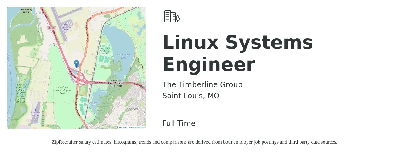 The Timberline Group job posting for a Linux Systems Engineer in Saint Louis, MO with a salary of $46 to $58 Hourly and benefits including retirement, vision, dental, life_insurance, medical, and pto with a map of Saint Louis location.