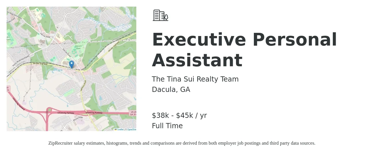 The Tina Sui Realty Team job posting for a Executive Personal Assistant in Dacula, GA with a salary of $38,000 to $45,000 Yearly with a map of Dacula location.
