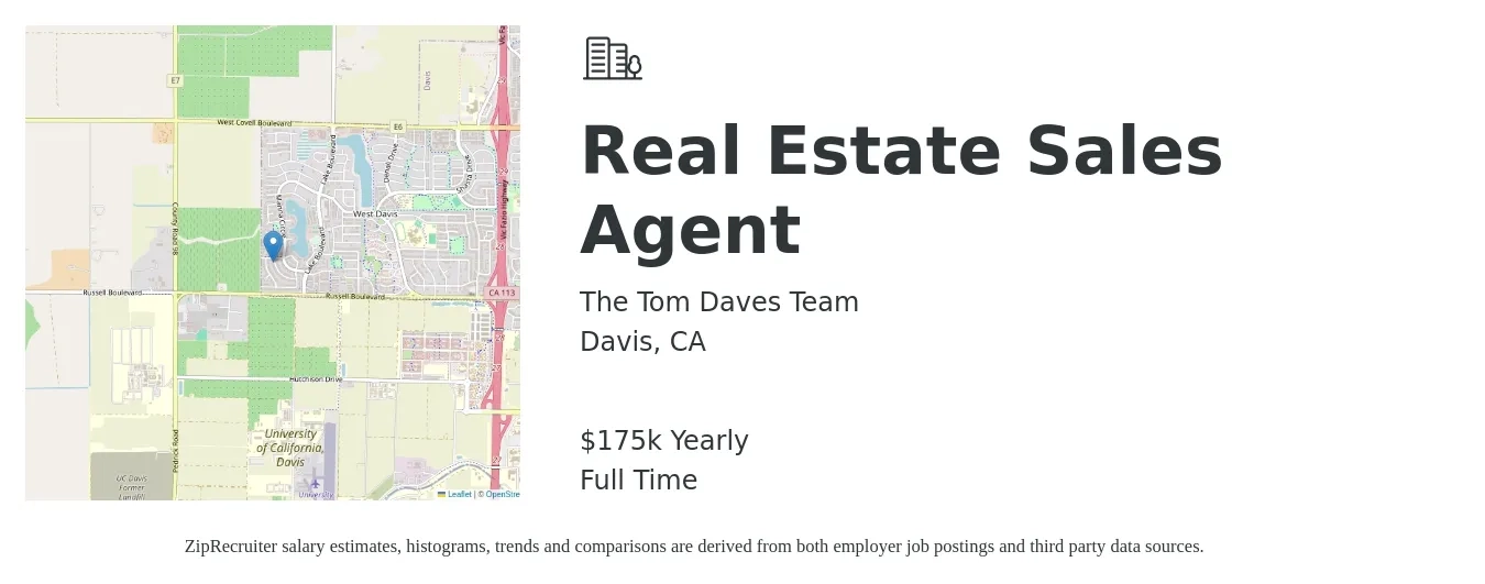 The Tom Daves Team job posting for a Real Estate Sales Agent in Davis, CA with a salary of $175,000 Yearly with a map of Davis location.